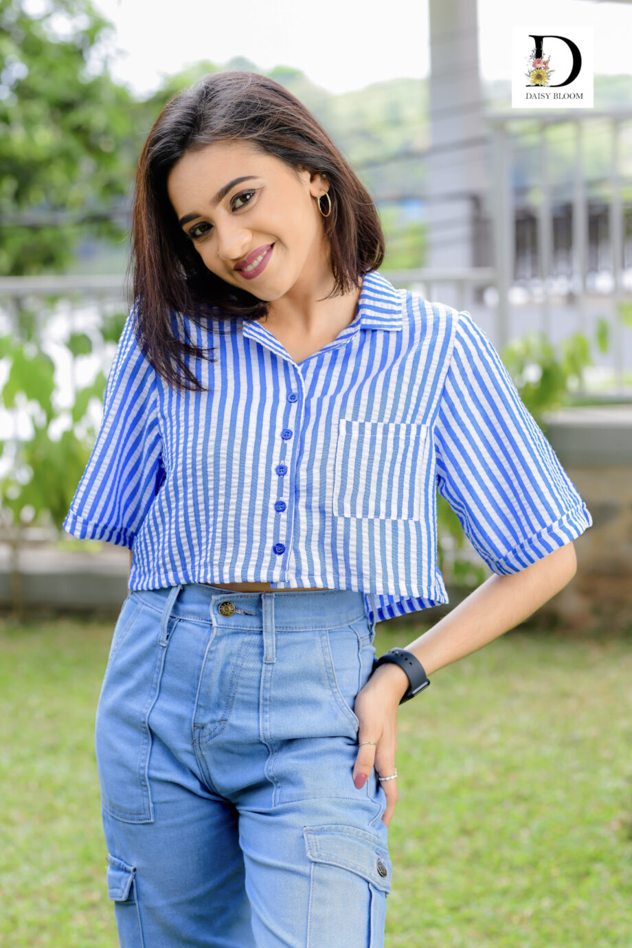 Oversized striped crop shirt - Cobalt blue