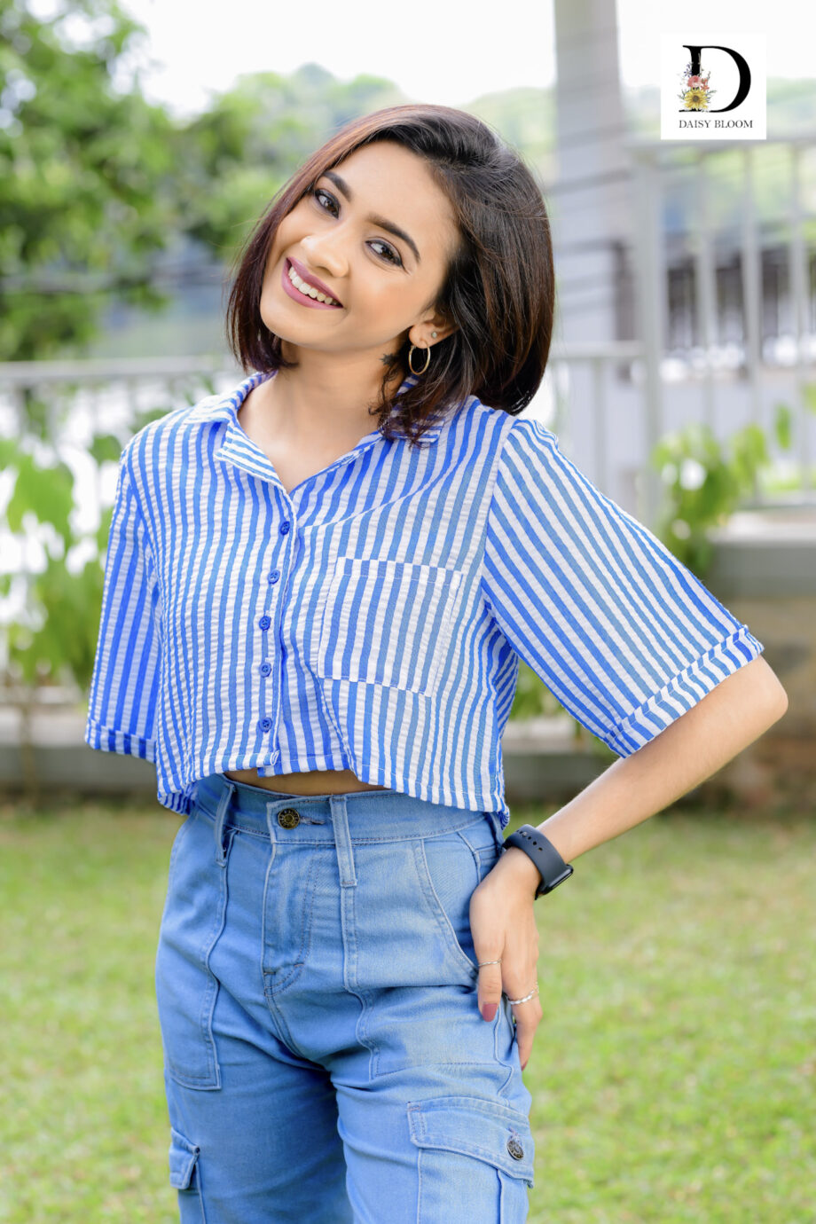 Oversized striped crop shirt - Cobalt blue