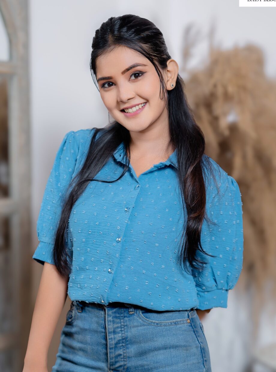 Cerulean blue dotted - work shirt blouse
