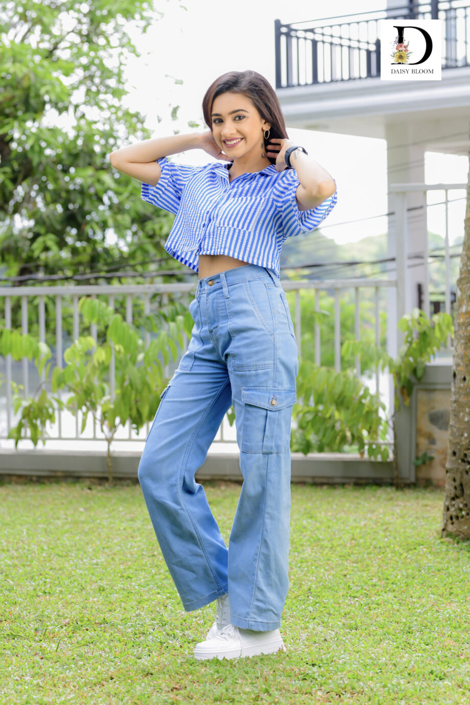 Oversized striped crop shirt - Cobalt blue