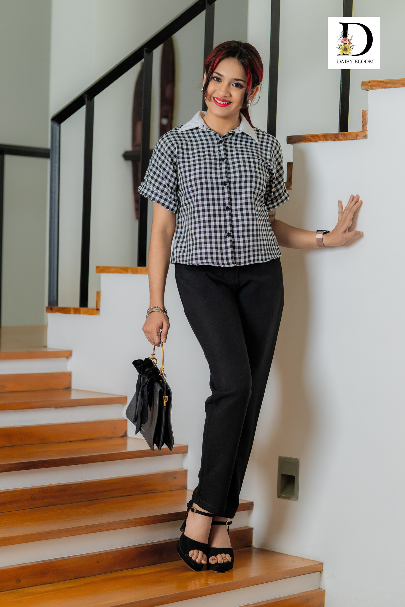 Checkered contrast collar cotton linen shirt - black